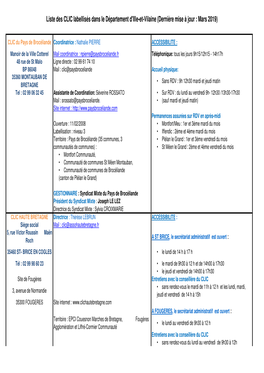 Liste Des CLIC Labellisés Dans Le Département D'ille-Et-Vilaine (Dernière Mise À Jour : Mars 2019)