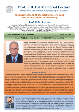 Prof. J. B. Lal Memorial Lecture Department of Chemical Engineering IIT Roorkee