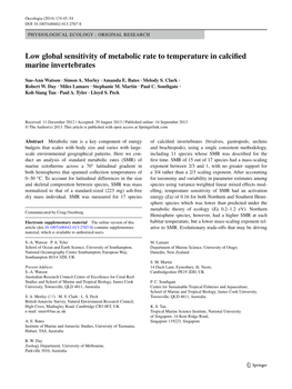 Low Global Sensitivity of Metabolic Rate to Temperature in Calcified Marine Invertebrates
