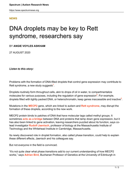 DNA Droplets May Be Key to Rett Syndrome, Researchers Say