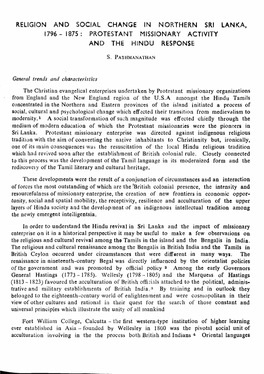 Religion and Social Change in Northern Sri Lanka, 1796 - 1875: Protestant Missionary Activity and the Hindu Response