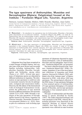 The Type Specimens of Anthomyiidae, Muscidae and Sarcophagidae (Diptera: Calyptratae) Housed at the Instituto – Fundación Miguel Lillo, Tucumán, Argentina