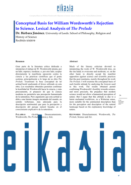 Conceptual Basis for William Wordsworth's Rejection to Science. Lexical Analysis of the Prelude
