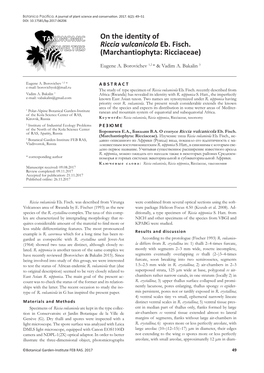 On the Identity of Riccia Vulcanicola Eb. Fisch. (Marchantiophyta: Ricciaceae)