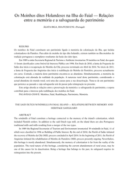 Os Moinhos Ditos Holandeses Na Ilha Do Faial — Relações Entre a Memória E a Salvaguarda Do Património