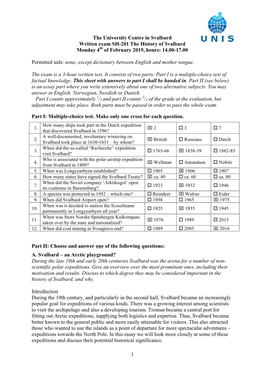 1 the University Centre in Svalbard Written Exam SH-201 the History Of