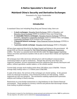 A Native Speculator's Overview of Mainland China's Security And