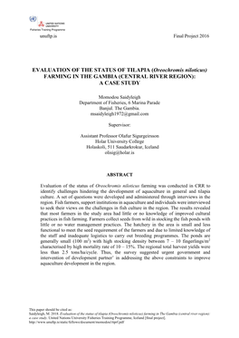 EVALUATION of the STATUS of TILAPIA (Oreochromis Niloticus) FARMING in the GAMBIA (CENTRAL RIVER REGION): a CASE STUDY