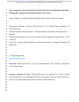 Comparative Thermal Performance of Orbicella Franksi at Its Latitudinal Range Limits 2 Running Title: Comparative Thermal Performance of O