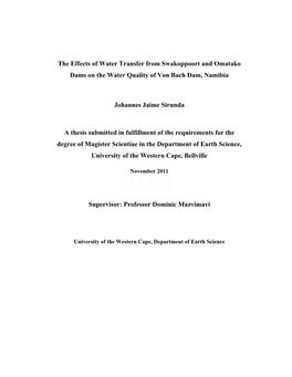 The Effects of Water Transfer from Swakoppoort and Omatako Dams on the Water Quality of Von Bach Dam, Namibia