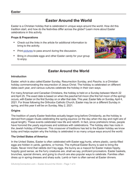 Easter Around the World Easter Is a Christian Holiday That Is Celebrated in Unique Ways Around the World