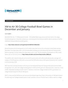 XM to Air 30 College Football Bowl Games in December and January