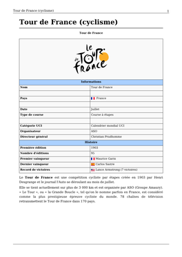 Tour De France (Cyclisme) 1 Tour De France (Cyclisme)