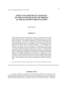 Effect of Subsurface Geology on the Water Quality of Springs at the Raystown Field Station