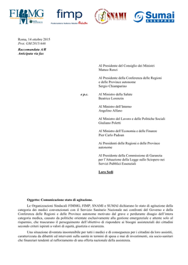 Roma, 14 Ottobre 2015 Prot. GM/2015/446 Raccomandata A/R Anticipata Via Fax