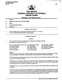 THE SENATE FEDERAL REPUBLIC of NIGERIA ORDER PAPER Thursday, 17Th January, 2013 1