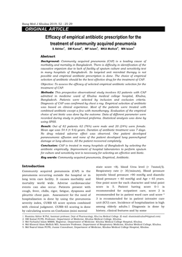 Efficacy of Empirical Antibiotic Prescription for the Treatment of Community Acquired Pneumonia S Akhter1, SM Kamal2, MF Islam3, MKA Mollick4, MN Islam5