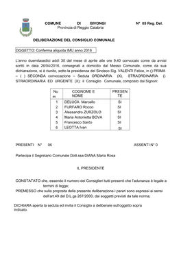 COMUNE DI BIVONGI N° 05 Reg. Del. Provincia Di Reggio Calabria