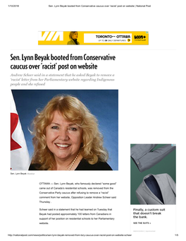Sen. Lynn Beyak Booted from Conservative Caucus Over 'Racist' Post on Website