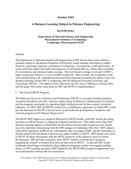 A Distance Learning Subject in Polymer Engineering