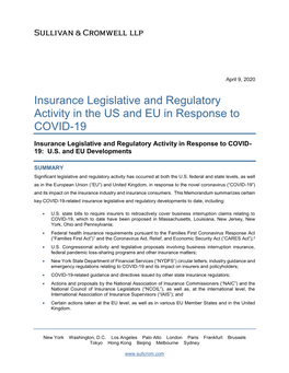 Insurance Legislative and Regulatory Activity in the US and EU in Response to COVID-19