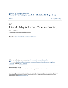 Private Liability for Reckless Consumer Lending John A