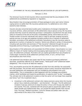 Statement of the Acli Regarding Securitization of Life Settlements