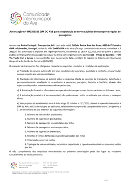 Autorização N.º IM2353161 CIM DO AVE Para a Exploração De Serviço Público De Transporte Regular De Passageiros