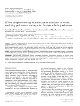 Effects of Repeated Dosing with Mirtazapine, Trazodone, Or Placebo on Driving Performance and Cognitive Function in Healthy Volunteers