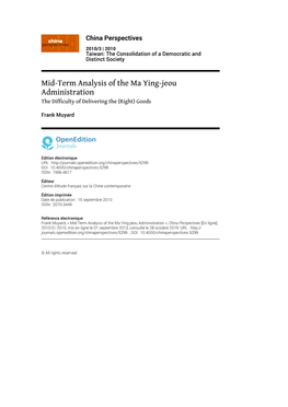 Mid-Term Analysis of the Ma Ying-Jeou Administration the Difficulty of Delivering the (Right) Goods