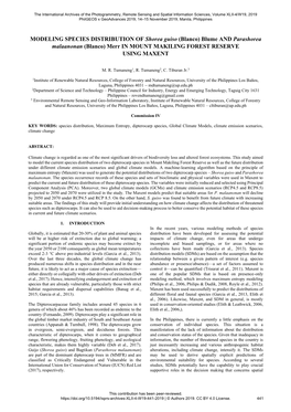 MODELING SPECIES DISTRIBUTION of Shorea Guiso (Blanco) Blume and Parashorea Malaanonan (Blanco) Merr in MOUNT MAKILING FOREST RESERVE USING MAXENT