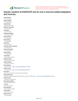 Genetic Variation at RAB3GAP2 and Its Role in Exercise-Related Adaptation and Recovery