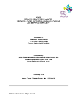 DRAFT MITIGATED NEGATIVE DECLARATION WESTLANDS WATER DISTRICT GROUNDWATER PUMPING and CONVEYANCE PROJECT Submitted To