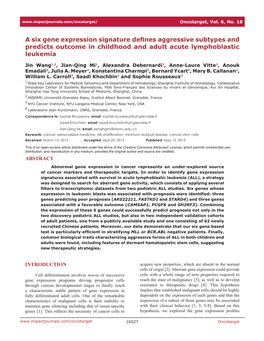 A Six Gene Expression Signature Defines Aggressive Subtypes and Predicts Outcome in Childhood and Adult Acute Lymphoblastic Leukemia