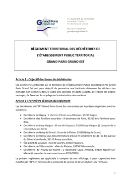 Règlement Territorial Des Déchèteries De L'établissement Public Territorial