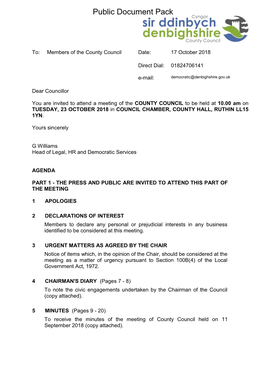 (Public Pack)Agenda Document for County Council, 23/10/2018 10:00