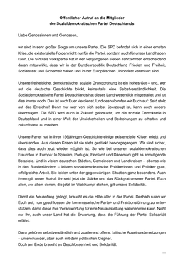 Öffentlicher Aufruf an Die Mitglieder Der Sozialdemokratischen Partei Deutschlands Liebe Genossinnen Und Genossen, Wir Sind