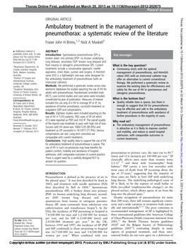 Ambulatory Treatment in the Management of Pneumothorax: a Systematic Review of the Literature Fraser John H Brims,1,2 Nick a Maskell3