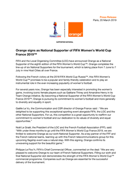 Orange Signs As National Supporter of FIFA Women's World Cup France 2019™