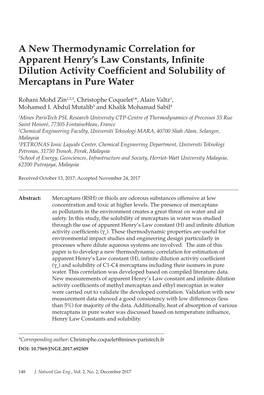 A New Thermodynamic Correlation for Apparent Henry's Law Constants, Infinite Dilution Activity Coefficient and Solubility of M