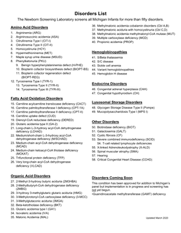 Disorders List the Newborn Screening Laboratory Screens All Michigan Infants for More Than Fifty Disorders