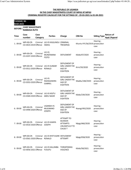 THE REPUBLIC of UGANDA in the CHIEF MAGISTRATES COURT of MPIGI at MPIGI CRIMINAL REGISTRY CAUSELIST for the SITTINGS of : 29-03-2021 to 01-04-2021