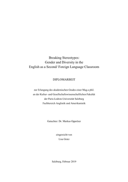 Breaking Stereotypes: Gender and Diversity in the English As a Second/ Foreign Language Classroom