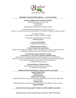 Breakfast / Brunch Menu Options – a La Carte Menu