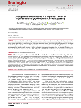 Do Euglossine Females Reside in a Single Nest? Notes on Euglossa Cordata (Hymenoptera: Apidae: Euglossini)