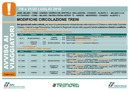 7/8 E 21/22 LUGLIO 2018 MODIFICHE CIRCOLAZIONE TRENI