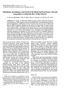 Distribution, Recruitment, and Growth of the Black-Lip Pearl Oyster, Pinctada Margaritifera, in Kane'ohe Bay, O'ahu, Hawai'i1