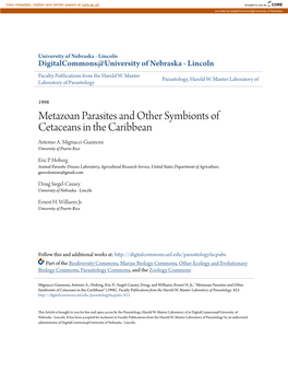 Metazoan Parasites and Other Symbionts of Cetaceans in the Caribbean Antonio A