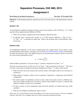 Separation Processes, Che 4M3, 2013 Assignment 4