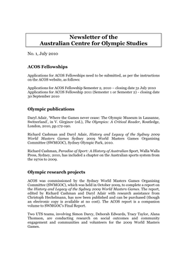 Newsletter of the Australian Centre for Olympic Studies